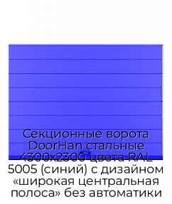 Секционные ворота DoorHan стальные 4300х2300 цвета RAL 5005 (синий) с дизайном «широкая центральная полоса» без автоматики