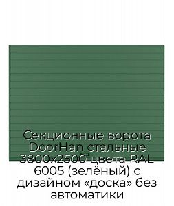 Секционные ворота DoorHan стальные 3800х2500 цвета RAL 6005 (зелёный) с дизайном «доска» без автоматики preview 1