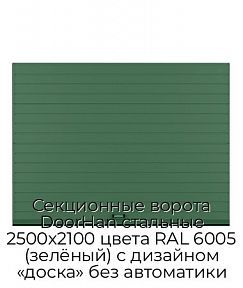 Секционные ворота DoorHan стальные 2500х2100 цвета RAL 6005 (зелёный) с дизайном «доска» без автоматики