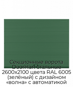 Секционные ворота DoorHan стальные 2600х2100 цвета RAL 6005 (зелёный) с дизайном «волна» с автоматикой