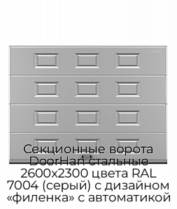 Секционные ворота DoorHan стальные 2600х2300 цвета RAL 7004 (серый) с дизайном «филенка» с автоматикой preview 1