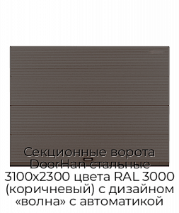 Секционные ворота DoorHan стальные 3100х2300 цвета RAL 3000 (коричневый) с дизайном «волна» с автоматикой preview 1