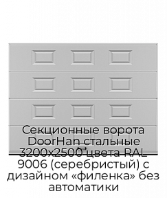 Секционные ворота DoorHan стальные 3200х2500 цвета RAL 9006 (серебристый) с дизайном «филенка» без автоматики