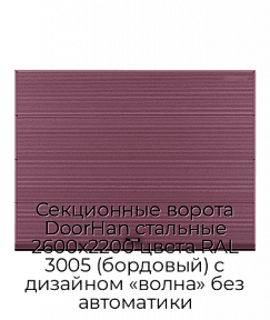 Секционные ворота DoorHan стальные 2600х2200 цвета RAL 3005 (бордовый) с дизайном «волна» без автоматики