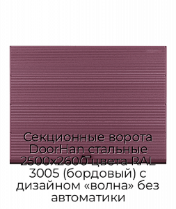 Секционные ворота DoorHan стальные 2500х2600 цвета RAL 3005 (бордовый) с дизайном «волна» без автоматики preview 1