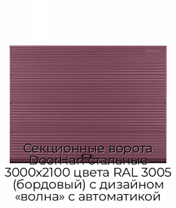 Секционные ворота DoorHan стальные 3000х2100 цвета RAL 3005 (бордовый) с дизайном «волна» с автоматикой preview 1