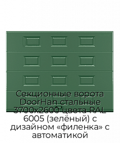 Секционные ворота DoorHan стальные 3700х2600 цвета RAL 6005 (зелёный) с дизайном «филенка» с автоматикой