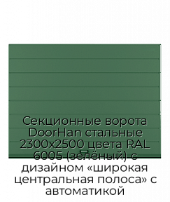 Секционные ворота DoorHan стальные 2300х2500 цвета RAL 6005 (зелёный) с дизайном «широкая центральная полоса» с автоматикой