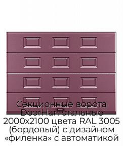 Секционные ворота DoorHan стальные 2000х2100 цвета RAL 3005 (бордовый) с дизайном «филенка» с автоматикой