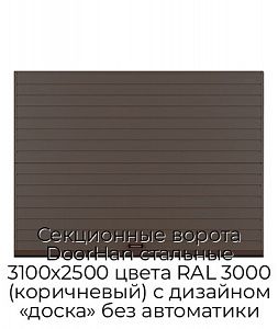 Секционные ворота DoorHan стальные 3100х2500 цвета RAL 3000 (коричневый) с дизайном «доска» без автоматики preview 1