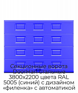 Секционные ворота DoorHan стальные 3800х2200 цвета RAL 5005 (синий) с дизайном «филенка» с автоматикой preview 1