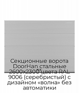 Секционные ворота DoorHan стальные 2600х2300 цвета RAL 9006 (серебристый) с дизайном «волна» без автоматики preview 1
