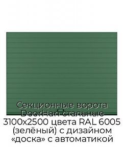 Секционные ворота DoorHan стальные 3100х2500 цвета RAL 6005 (зелёный) с дизайном «доска» с автоматикой
