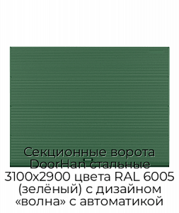 Секционные ворота DoorHan стальные 3100х2900 цвета RAL 6005 (зелёный) с дизайном «волна» с автоматикой preview 1