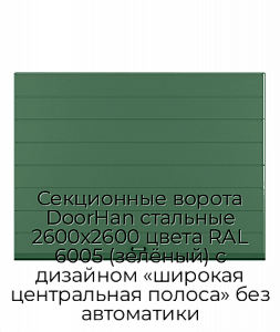 Секционные ворота DoorHan стальные 2600х2600 цвета RAL 6005 (зелёный) с дизайном «широкая центральная полоса» без автоматики preview 1