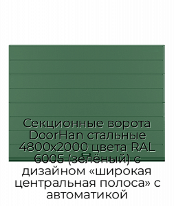 Секционные ворота DoorHan стальные 4800х2000 цвета RAL 6005 (зелёный) с дизайном «широкая центральная полоса» с автоматикой preview 1