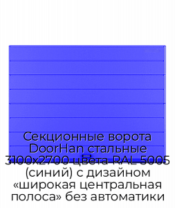 Секционные ворота DoorHan стальные 3100х2700 цвета RAL 5005 (синий) с дизайном «широкая центральная полоса» без автоматики preview 1
