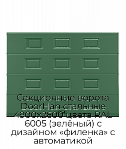 Секционные ворота DoorHan стальные 4900х2600 цвета RAL 6005 (зелёный) с дизайном «филенка» с автоматикой preview 1