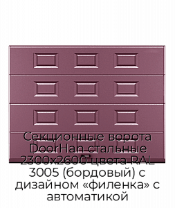 Секционные ворота DoorHan стальные 2300х2600 цвета RAL 3005 (бордовый) с дизайном «филенка» с автоматикой preview 1