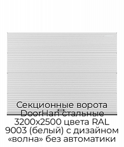 Секционные ворота DoorHan стальные 3200х2500 цвета RAL 9003 (белый) с дизайном «волна» без автоматики preview 1