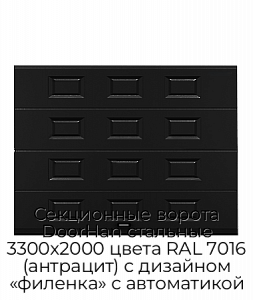 Секционные ворота DoorHan стальные 3300х2000 цвета RAL 7016 (антрацит) с дизайном «филенка» с автоматикой preview 1