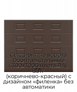 Секционные ворота DoorHan стальные 4300х3000 цвета RAL 8017 (коричнево-красный) с дизайном «филенка» без автоматики preview 1