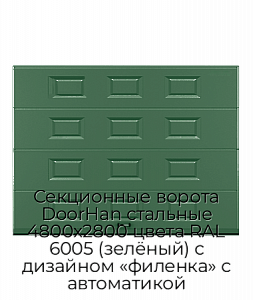 Секционные ворота DoorHan стальные 4800х2800 цвета RAL 6005 (зелёный) с дизайном «филенка» с автоматикой preview 1