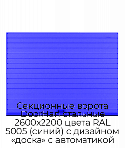 Секционные ворота DoorHan стальные 2600х2200 цвета RAL 5005 (синий) с дизайном «доска» с автоматикой preview 1