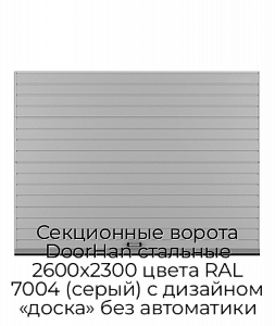 Секционные ворота DoorHan стальные 2600х2300 цвета RAL 7004 (серый) с дизайном «доска» без автоматики preview 1