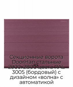 Секционные ворота DoorHan стальные 2900х2800 цвета RAL 3005 (бордовый) с дизайном «волна» с автоматикой preview 1