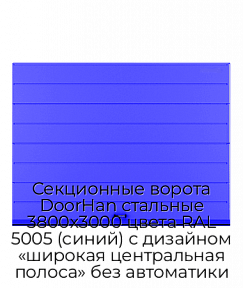Секционные ворота DoorHan стальные 3800х3000 цвета RAL 5005 (синий) с дизайном «широкая центральная полоса» без автоматики