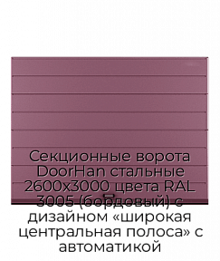 Секционные ворота DoorHan стальные 2600х3000 цвета RAL 3005 (бордовый) с дизайном «широкая центральная полоса» с автоматикой