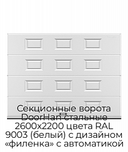 Секционные ворота DoorHan стальные 2600х2200 цвета RAL 9003 (белый) с дизайном «филенка» с автоматикой preview 1