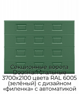 Секционные ворота DoorHan стальные 3700х2100 цвета RAL 6005 (зелёный) с дизайном «филенка» с автоматикой preview 1