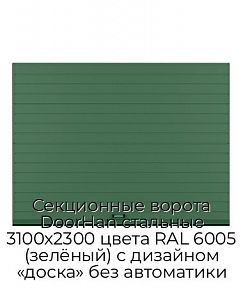 Секционные ворота DoorHan стальные 3100х2300 цвета RAL 6005 (зелёный) с дизайном «доска» без автоматики