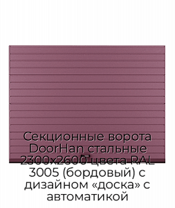 Секционные ворота DoorHan стальные 2300х2600 цвета RAL 3005 (бордовый) с дизайном «доска» с автоматикой preview 1