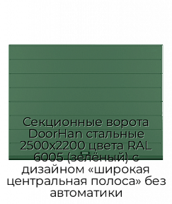 Секционные ворота DoorHan стальные 2500х2200 цвета RAL 6005 (зелёный) с дизайном «широкая центральная полоса» без автоматики