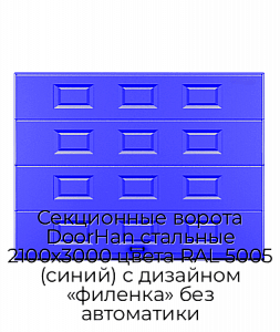 Секционные ворота DoorHan стальные 2100х3000 цвета RAL 5005 (синий) с дизайном «филенка» без автоматики preview 1