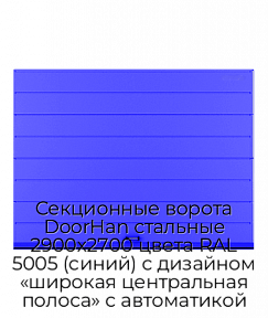 Секционные ворота DoorHan стальные 2900х2700 цвета RAL 5005 (синий) с дизайном «широкая центральная полоса» с автоматикой