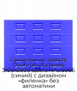 Секционные ворота DoorHan стальные 3100х2600 цвета RAL 5005 (синий) с дизайном «филенка» без автоматики preview 1