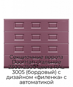 Секционные ворота DoorHan стальные 2300х2500 цвета RAL 3005 (бордовый) с дизайном «филенка» с автоматикой