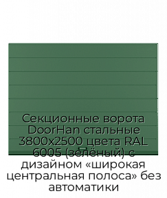 Секционные ворота DoorHan стальные 3800х2500 цвета RAL 6005 (зелёный) с дизайном «широкая центральная полоса» без автоматики