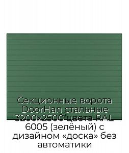Секционные ворота DoorHan стальные 3200х2500 цвета RAL 6005 (зелёный) с дизайном «доска» без автоматики preview 1
