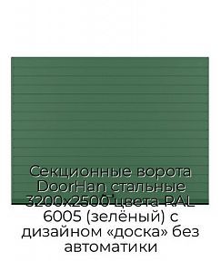 Секционные ворота DoorHan стальные 3200х2500 цвета RAL 6005 (зелёный) с дизайном «доска» без автоматики