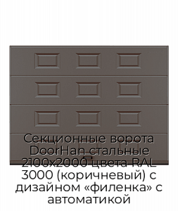Секционные ворота DoorHan стальные 2100х2000 цвета RAL 3000 (коричневый) с дизайном «филенка» с автоматикой preview 1