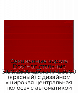 Секционные ворота DoorHan стальные 3100х2500 цвета RAL 3000 (красный) с дизайном «широкая центральная полоса» с автоматикой preview 1
