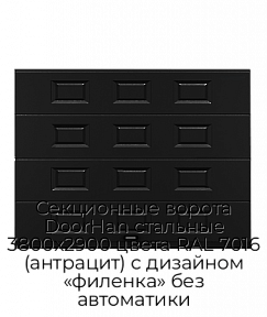 Секционные ворота DoorHan стальные 3800х2900 цвета RAL 7016 (антрацит) с дизайном «филенка» без автоматики
