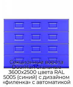 Секционные ворота DoorHan стальные 3600х2500 цвета RAL 5005 (синий) с дизайном «филенка» с автоматикой