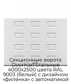 Секционные ворота DoorHan стальные 4000х2500 цвета RAL 9003 (белый) с дизайном «филенка» с автоматикой