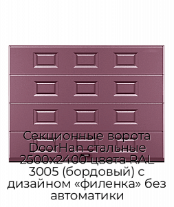 Секционные ворота DoorHan стальные 2500х2400 цвета RAL 3005 (бордовый) с дизайном «филенка» без автоматики preview 1